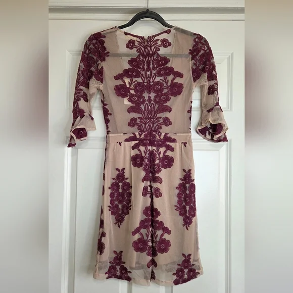 For Love And Lemons Temecula Tan & Purple Embroidered Mesh Mini Dress - Size S - Picture 3 of 10